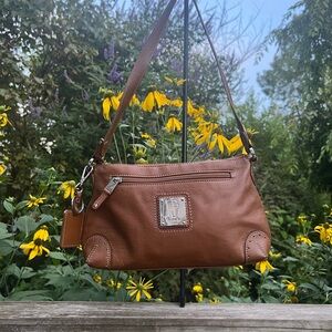 Tignanello Leather Shoulder Handbag 25” Strap Keyring On Side Brown Preowned